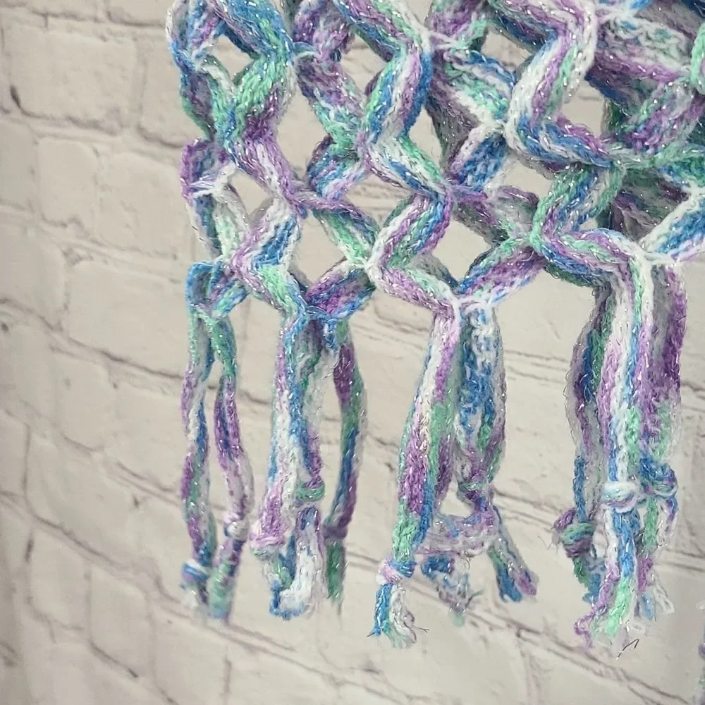 Justice Sparkly Braided Infinity Scarf Crochet Open Loose Knit Tassel Purple